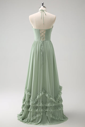 Vestido de dama de honor con volantes Dusty Sage Halter con abertura